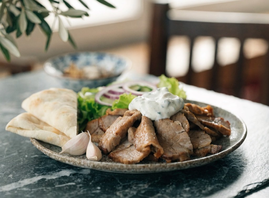 Souvlaki und Gyros vom Holzkohlegrill mit Tzatziki